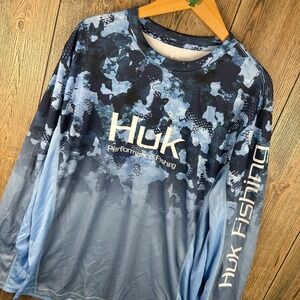 Huk Performance Fishing Shirt Mens XL Blue Digital Camo Long Sleeve Sun Tee